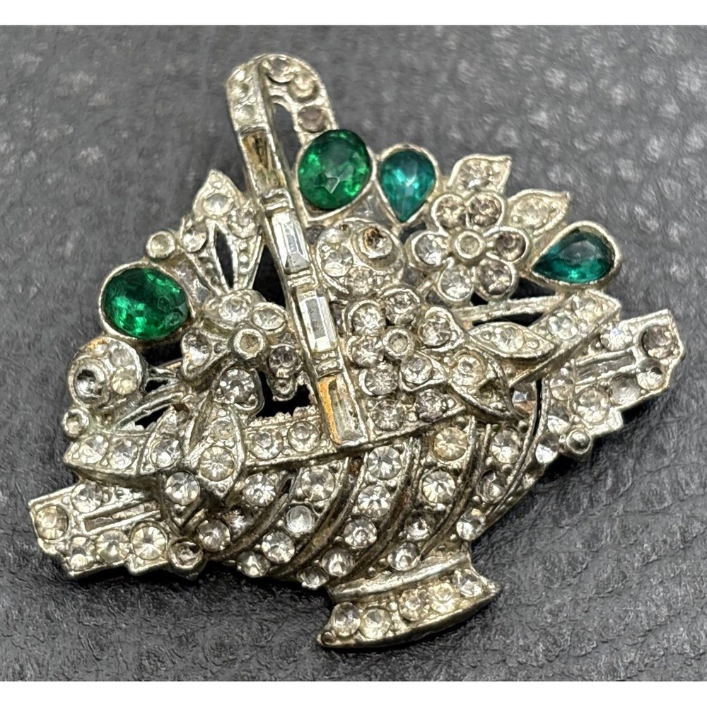 Vintage Deco Pot Metal Pave Rhinestone Flower Basket Brooch Green Glass  READ